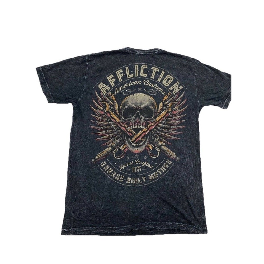 Affliction American Customs Garage Built Motors Skull T-Shirt Black Wash XL